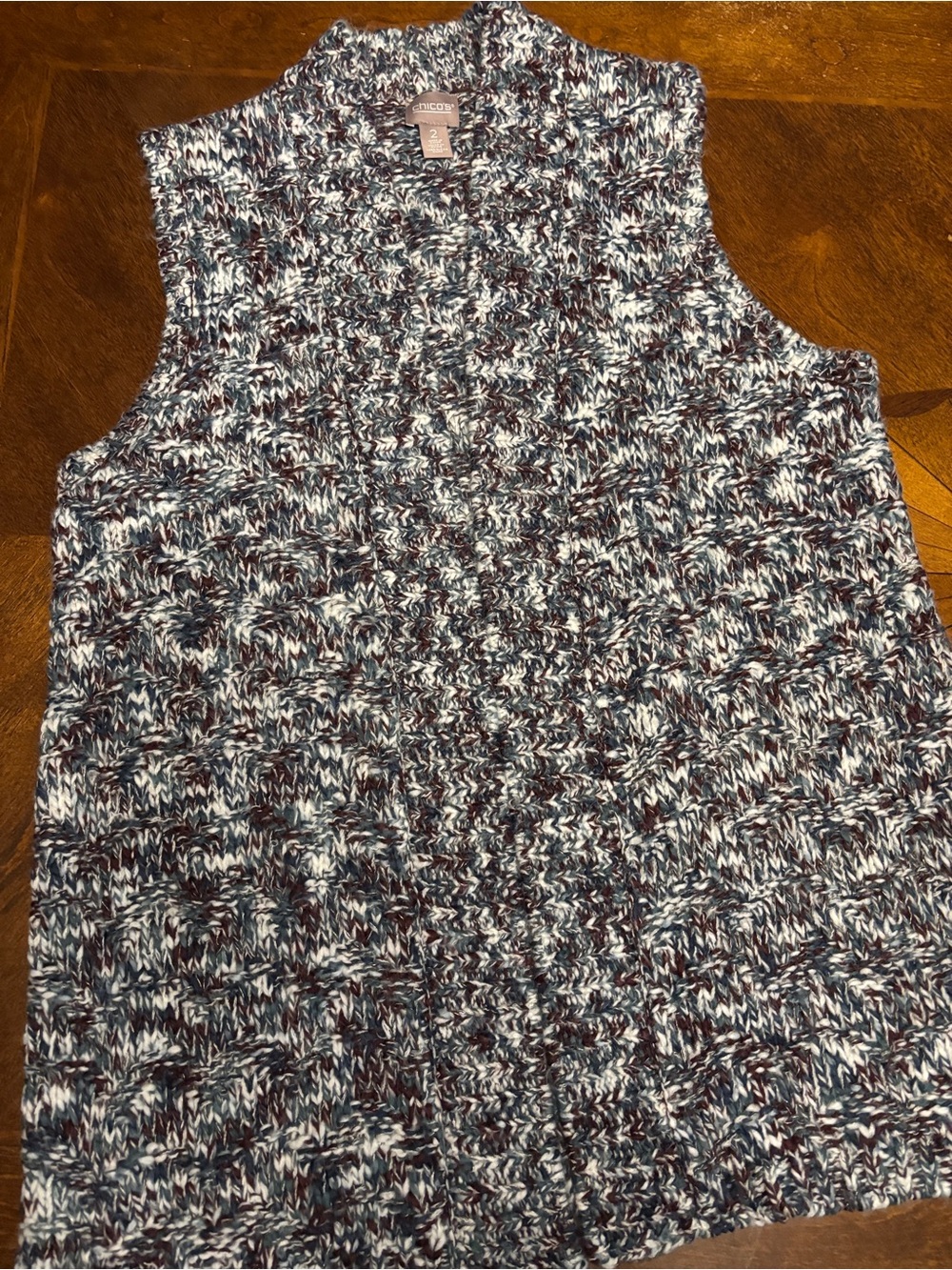 Chico's Marled Knit Sleeveless Open Cardigan Vest - Blue/White/Brown